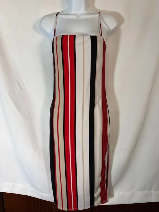 Fashion Nova Red Black Cream Striped Spaghetti-Strap Midi Dress - Picture 2 of 9